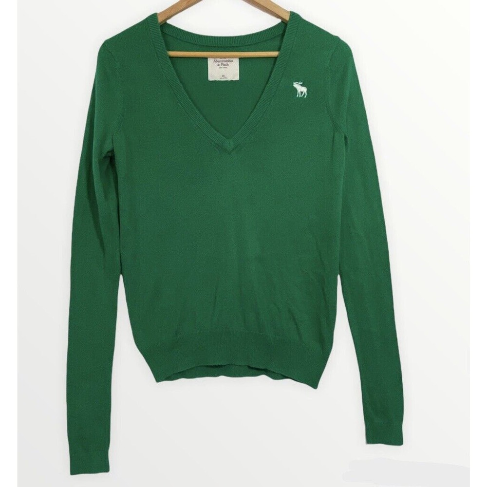 A+F Abercrombie And Fitch Women's V-Neck Green Long Sleeve Sweater Top Sz XS